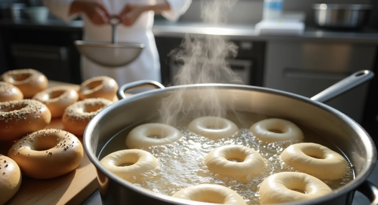 Boiled Bagels. Kettle Boiling Plain Bagels. Animated Bagel Boiler